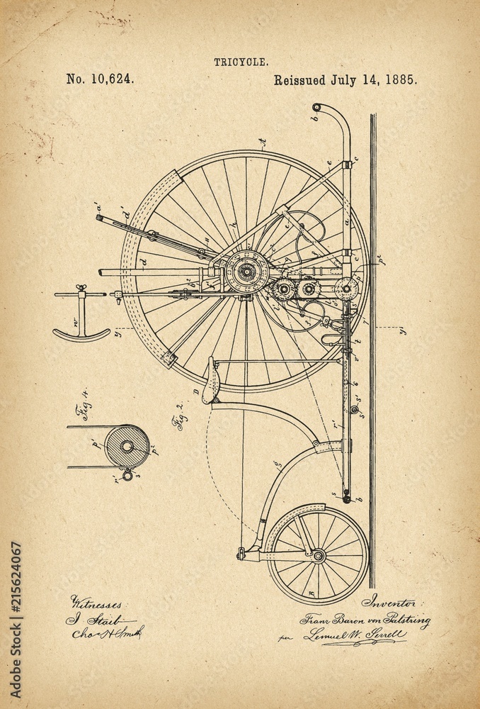 1885 Patent Velocipede Tricycle Bicycle archive history invention  Illustration Stock | Adobe Stock