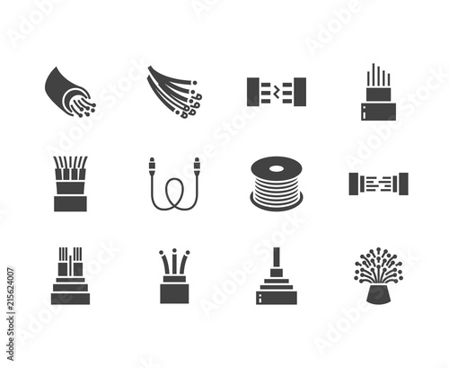Optical fiber flat glyph icons. Network connection, computer wire, cable bobbin, data transfer. Signs for electronics store, internet services. Solid silhouette pixel perfect 64x64.