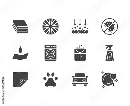 Microfiber cloth properties flat glyph icons. Absorbing material, dust cleaning, washable, antibacterial, clean detergent illustrations. Signs for napkin package. Solid silhouette pixel perfect 64x64.