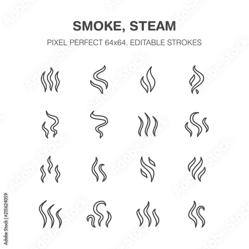 Smoke, steam flat line icons. Fumes shapes, aroma smell heat illustrations. Evaporation signs. Pixel perfect 64x64. Editable Strokes.