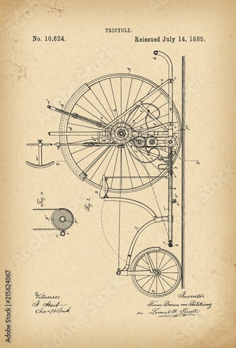 1885 Patent Velocipede Tricycle Bicycle archive history invention photo