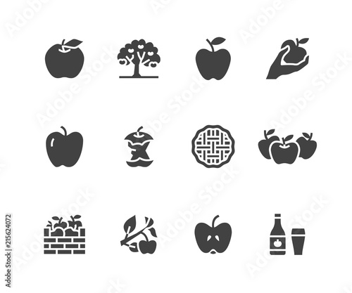 Apples flat glyph icons. Apple picking, autumn harvest festival, craft fruit cider illustrations. Signs for organic food store. Solid silhouette pixel perfect 48x48.