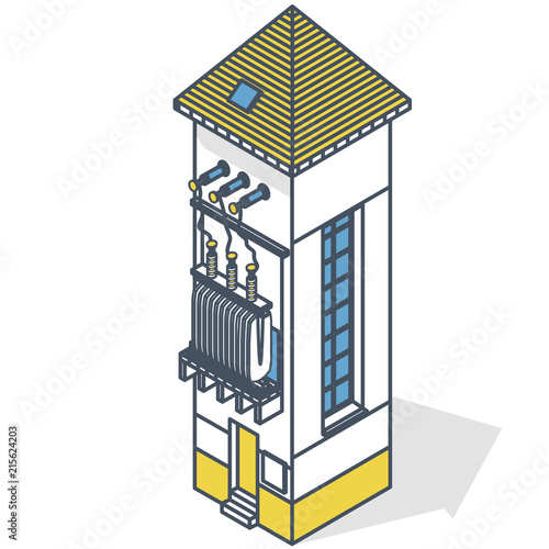 Electric transformer isometric building info graphic. Outlined high-voltage power station. Plant architecture, wire scientific illustration. Pictogram industrial electricity. Isolated master vector