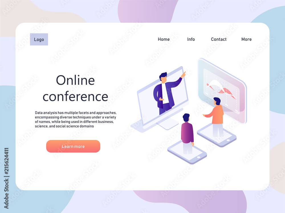 Online conference. Education isometric landidng page. Technology vector illustration