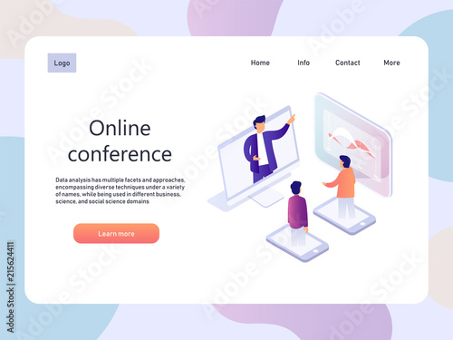 Online conference. Education isometric landidng page. Technology vector illustration