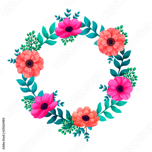 Floral circle frame. Tropical flowers trendy template. Summer Design with bea...