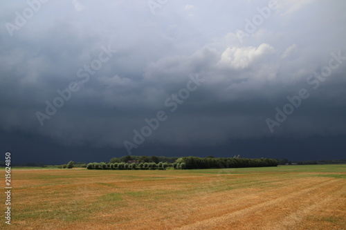 Big wall cloud above the fields in Overijssel in the Netherlands with thunderstorms coming up