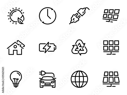 Set of black vector icons, isolated on white background, on theme Solar energy