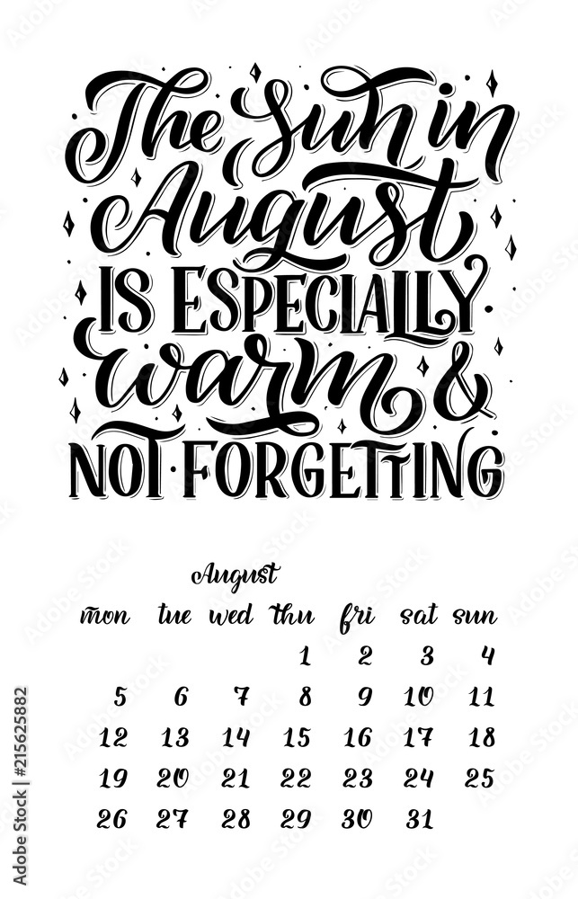 Vector calendar for month 2 0 1 9. Hand drawn lettering quotes for ...