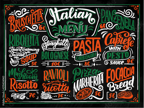 Italian food menu - names of dishes. Lettering phrases for your design, stylized drawing with chalk.