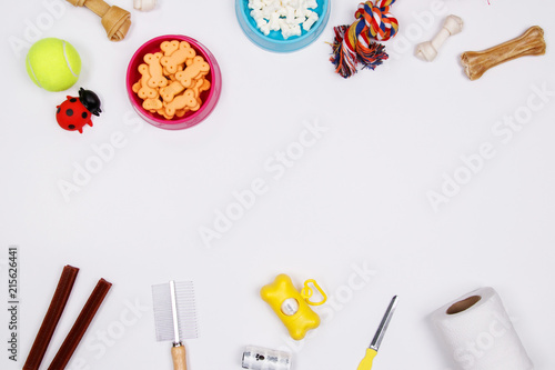 Pet accessories, food and toy on white background. Flat lay. Top view.