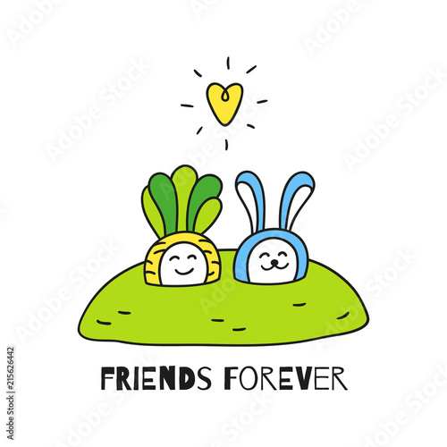 Friends forever. Baby carrot and little bunny are in the garden in love