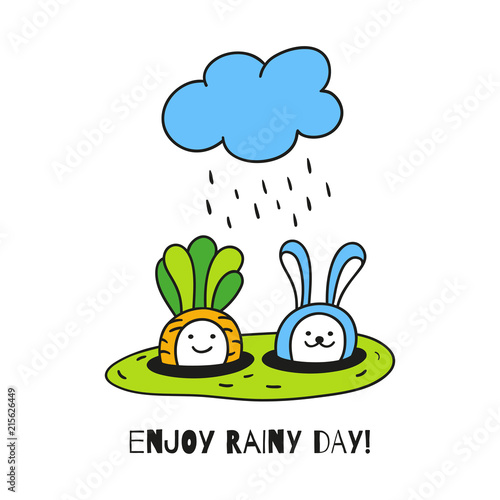 Enjoy rainy day. Baby carrot and little bunny are in the garden under rain cloud.