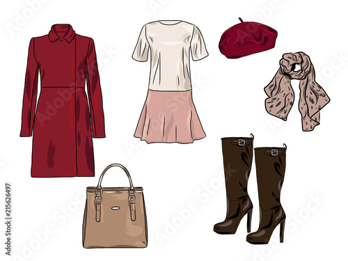 Vector stylish fashion set of woman's autumn, spring or winter clothes and accessories. Casual colorful outfit with dress, coat, beret, bag, scarf and boots
