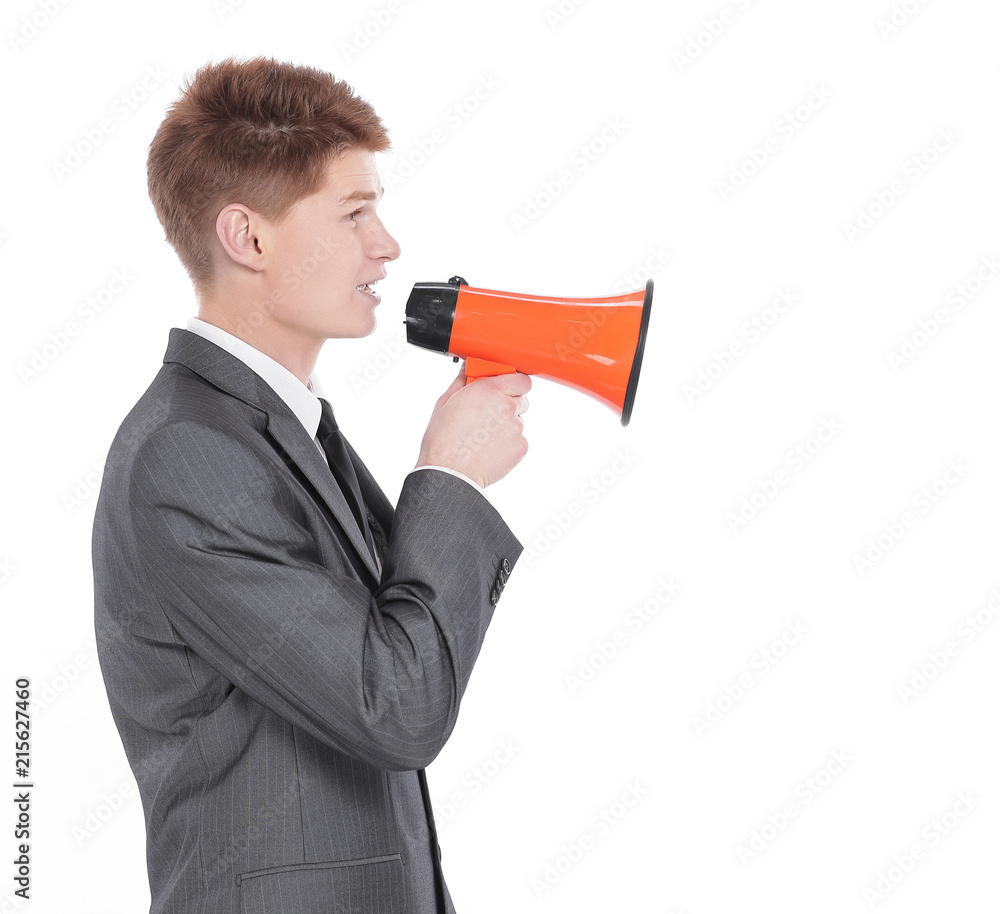 young businessman with a megaphone.isolated on a white young businessman with a megaphone.isolated on a white