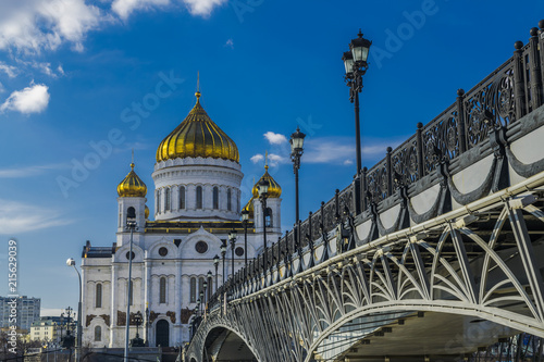  Cathedral of Christ the Savior, with bridge and blue sky, Moscow, Russia