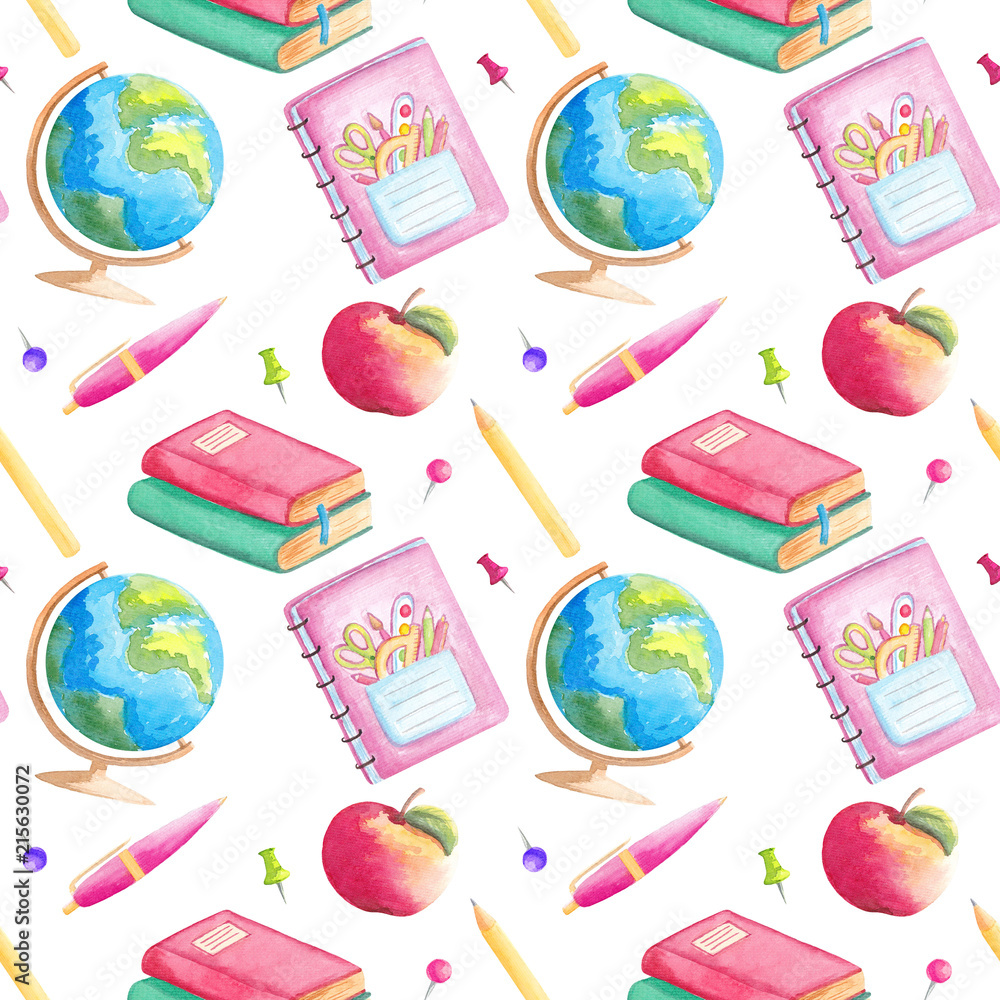 Watercolor school supplies seamless pattern Back to school stationery