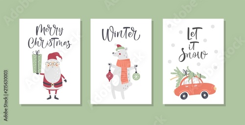 Christmas gift cards or tags with calligraphy. Hand drawn design elements.