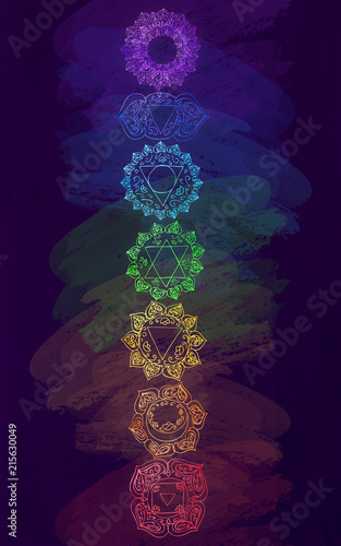 Colorful chakras illustration with watercolor stains background
