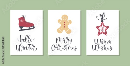 Christmas gift cards or tags with calligraphy. Hand drawn design elements.