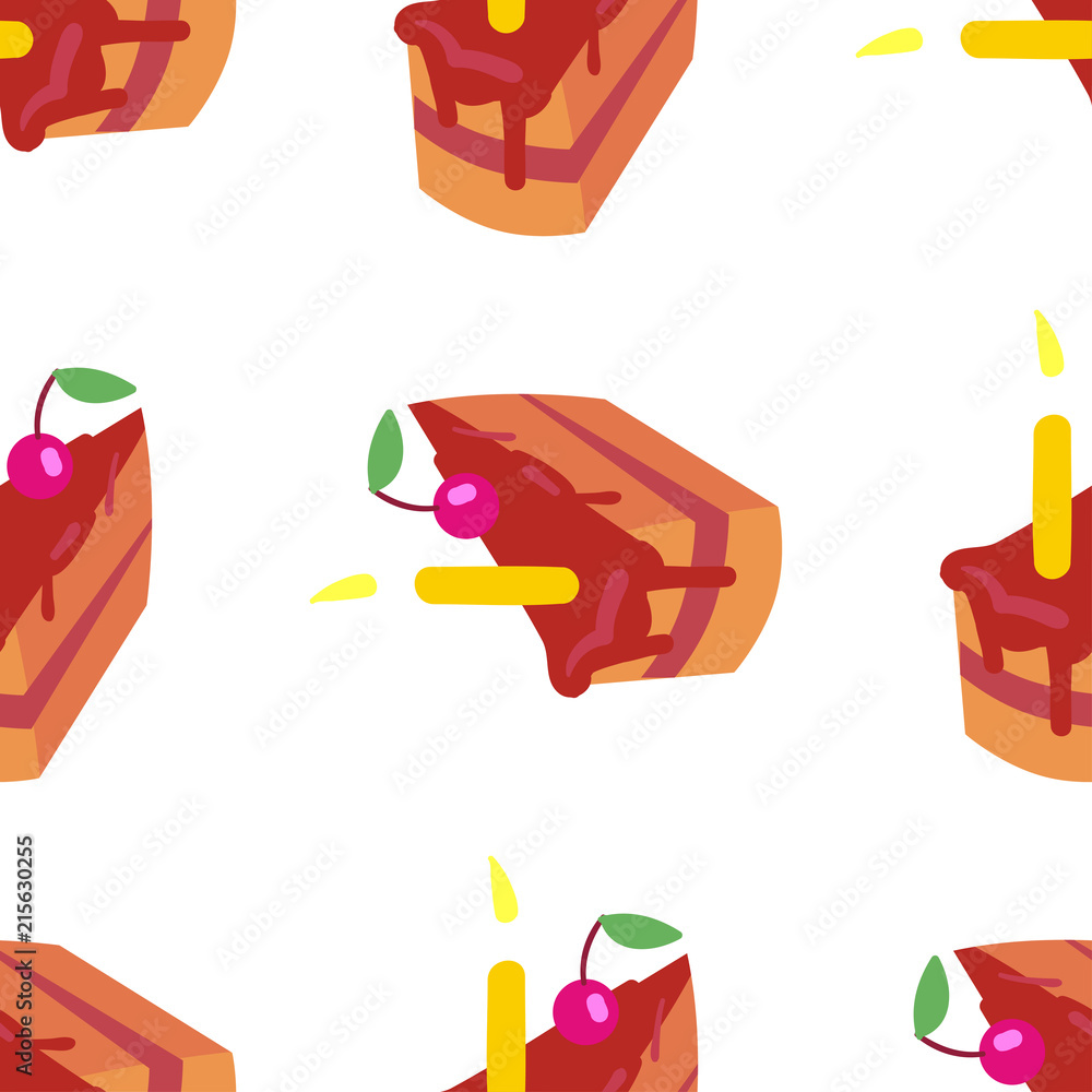 Sweet seamless pattern with piece of cakes on a white background. Confectionary backdrop for your design. Vector illustration.