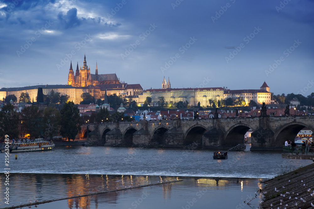 Beautiful Cityscape of Prague at night with Charles Bridge(Karluv Most)  over Vltava river and Prague Castle, Czech Republic
