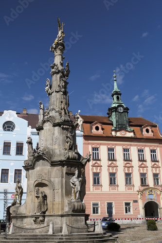 Jindrichuv Hradec, Czech Republic. The Column of the Assumption of the Virgin Mary in the central square..