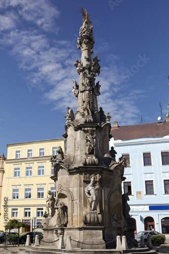Jindrichuv Hradec, Czech Republic. The Column of the Assumption of the Virgin Mary in the central square..