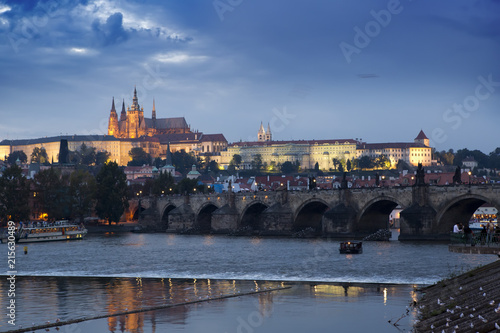 Beautiful Cityscape of Prague at night with Charles Bridge(Karluv Most) over Vltava river and Prague Castle, Czech Republic