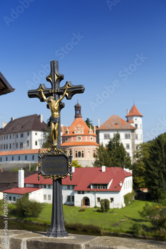 View from the hill with a crucifix on renaissance style castle, 16th century, with Roundel pavilion near the river Nezarka in Jindrichuv Hradec. Czech Republic photo