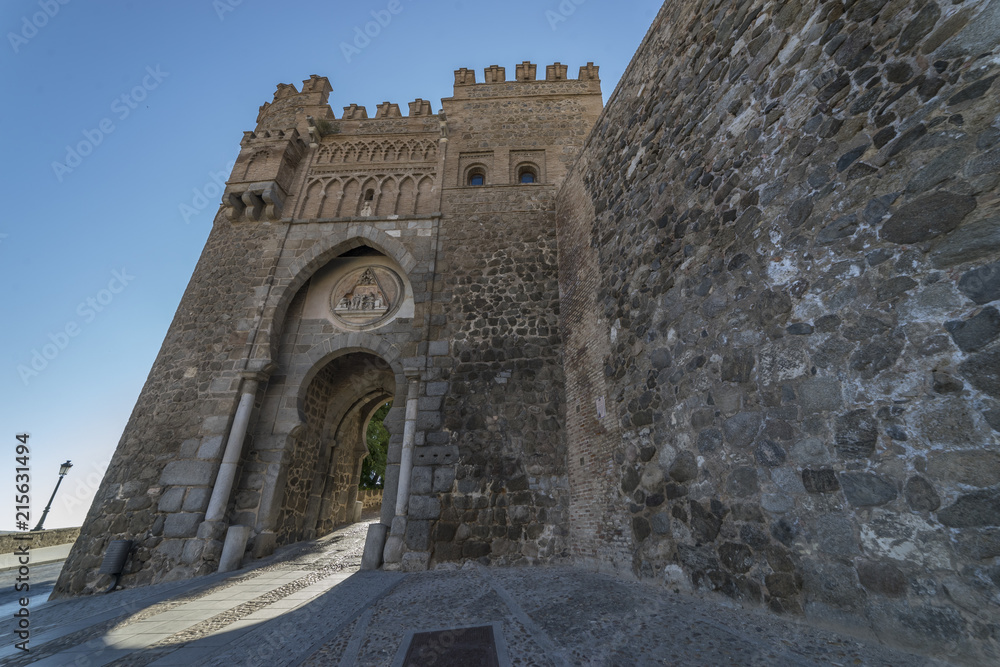 Tourism, Toledo, gate of Puerta del Sol (The sun door) Spain.