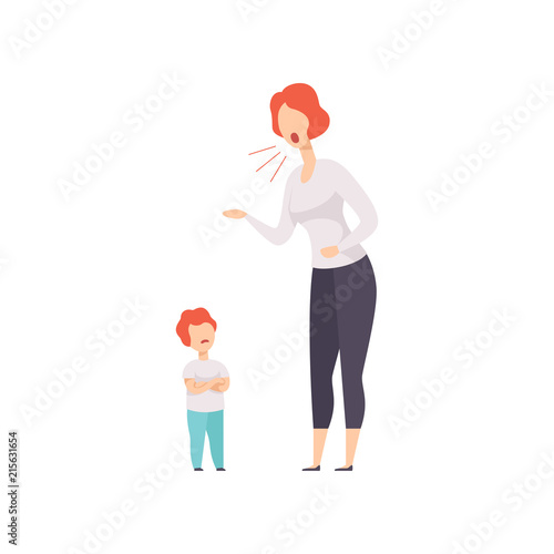 Mom scolding at her son, young woman yelling at child vector Illustration on a white background