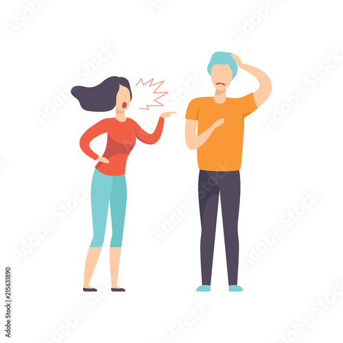 Angry woman screaming at young man, couple quarreling, family conflict, disagreement in relationship vector Illustration on a white background