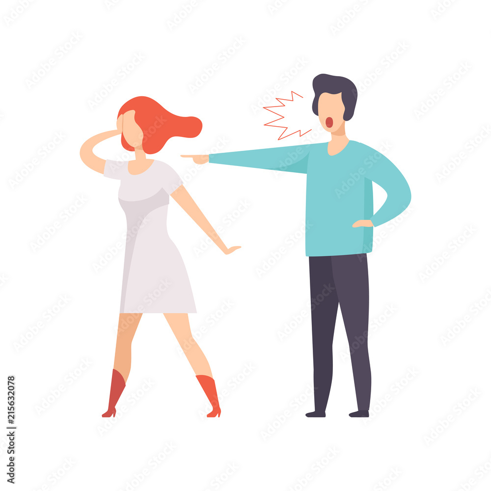 Angry man screaming at young woman, couple quarreling, family conflict, disagreement in relationship vector Illustration on a white background Angry man screaming at young woman, couple quarreling, family conflict, disagreement in relationship vector Illustration on a white background
