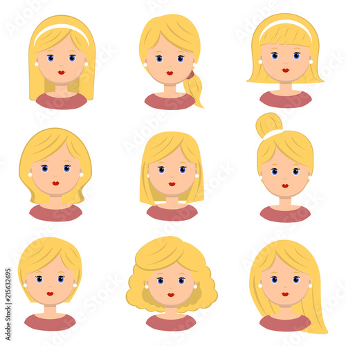 Beautiful young woman with blond hair. Different hairstyle and haircuts for salon vector icon set, isolated on white background.