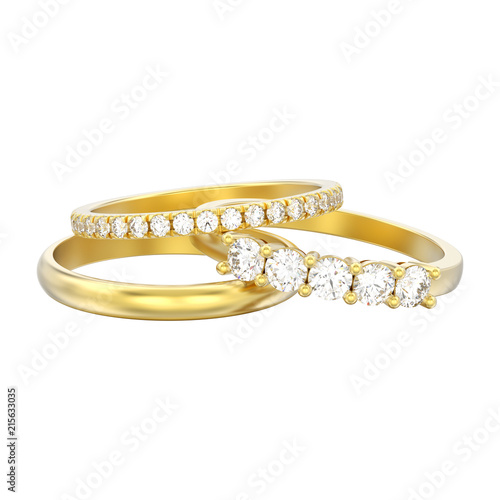 3D illustration isolated three different yellow gold diamonds rings