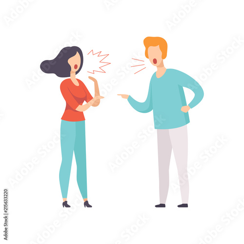 Angry young woman and man quarreling, family conflict, disagreement in relationship vector Illustration on a white background