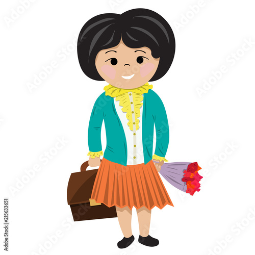 Girl schoolgirl with bag and bouquet of flowers