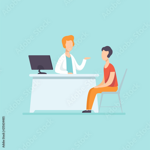 Male practitioner doctor advising patient in medical office, medical treatment and healthcare concept vector Illustration