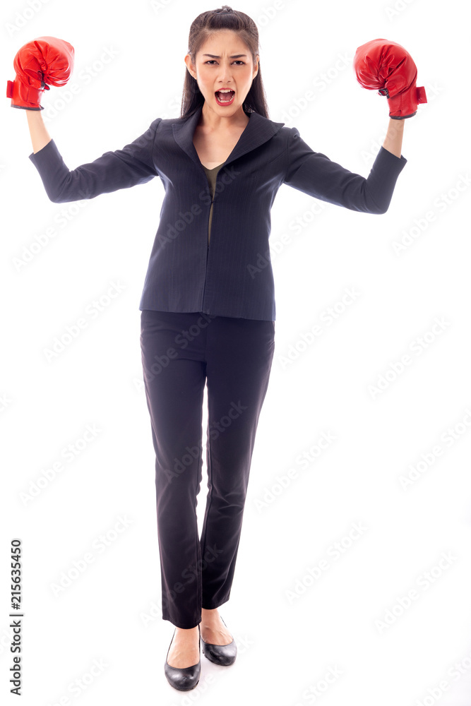 Business woman boxing gloves portrait, ready for a fight.