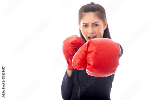 Business woman boxing gloves portrait, ready for a fight.