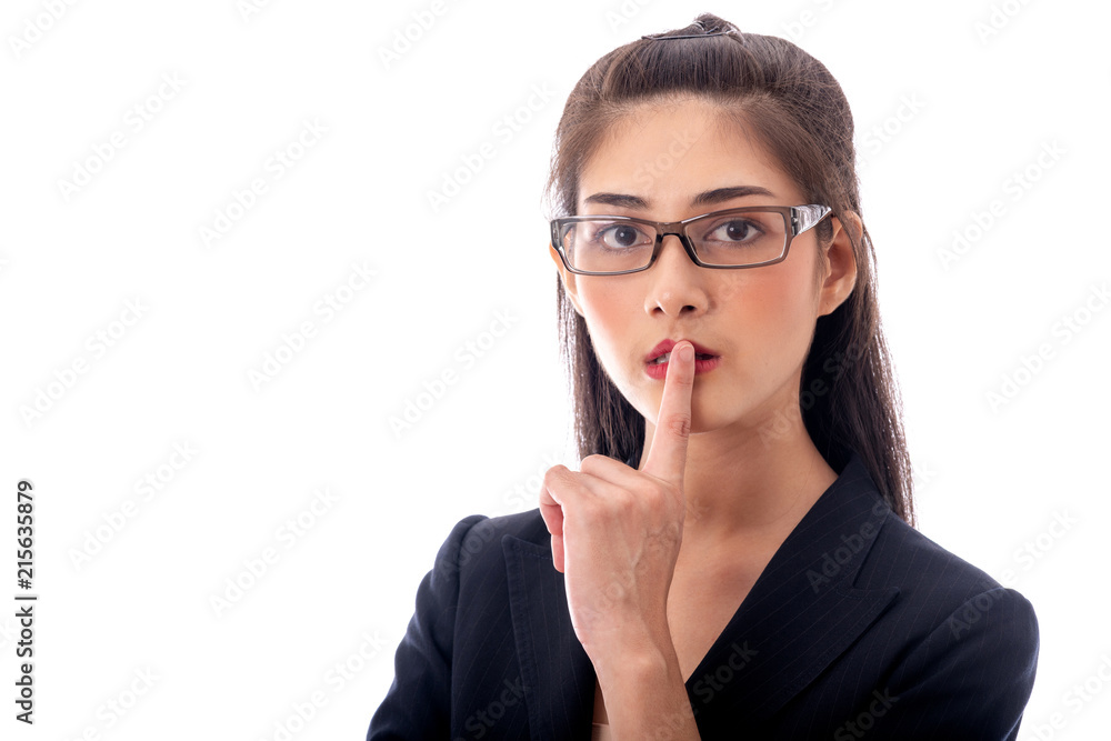 Business woman secret hush poseportrait. Business woman secret hush poseportrait.
