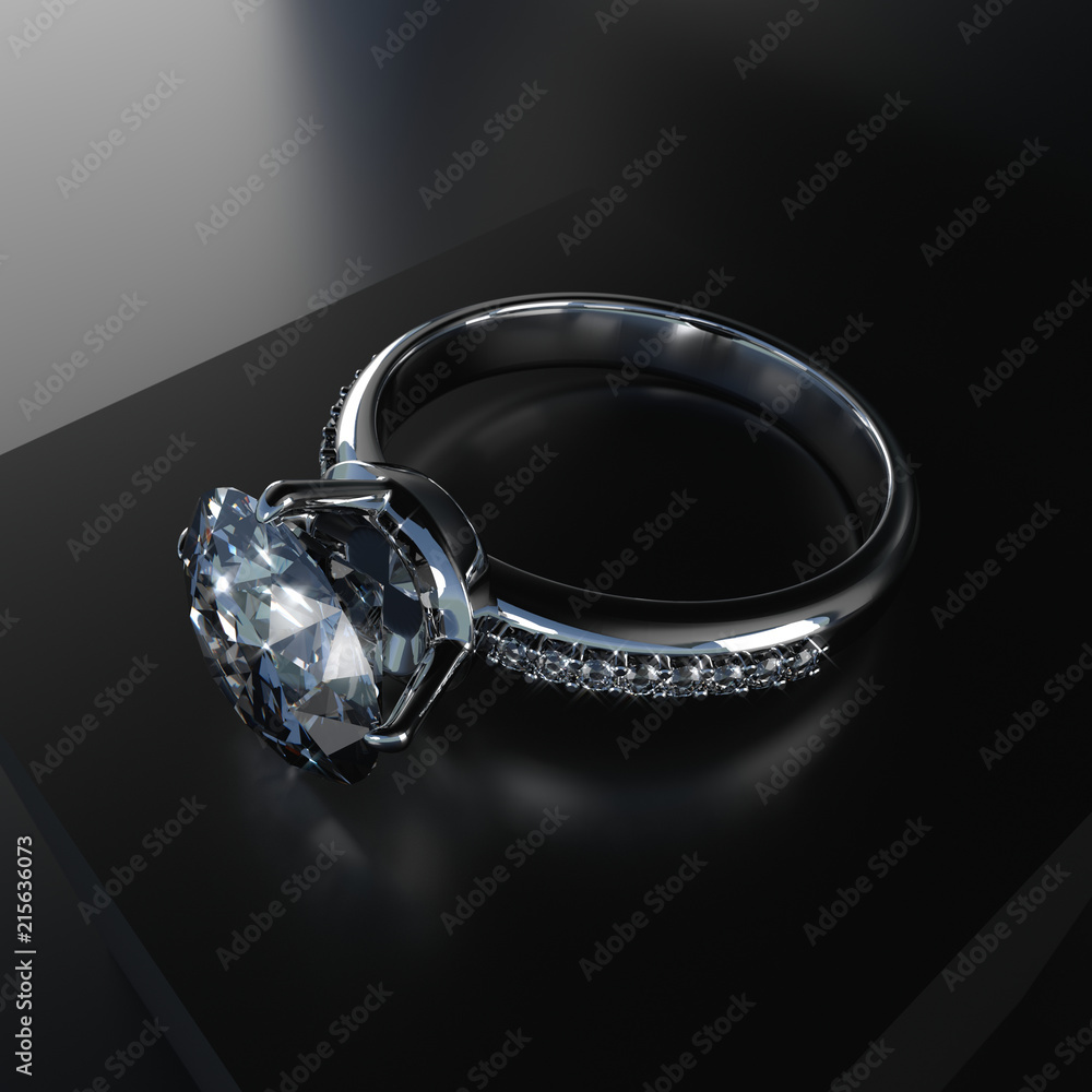 Realistic diamond ring placed on dark background, 3d illustration. Stock Illustration Adobe Stock