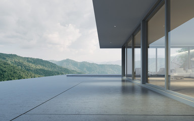 Perspective of modern building with terrace and swimming pool on mountain view background,Idea of family vacation. 3D rendering.