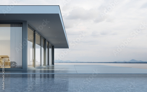 Perspective of modern building with terrace and swimming pool on sea view background,Idea of family vacation. 3D rendering.