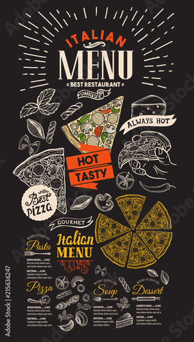 Pizza restaurant menu on chalkboard background. Vector food flyer for bar and cafe. Design template with vintage hand-drawn illustrations.