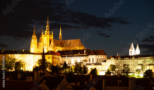 Hradcany with Prague Castle and St Vitus Cathedral by night. Prague, Czech Republic.