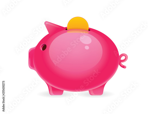 Vector colorful illustration of a piggy bank with a gold coin on top. realistic drawn Pink funny pig with gold coin inside isolated from white background