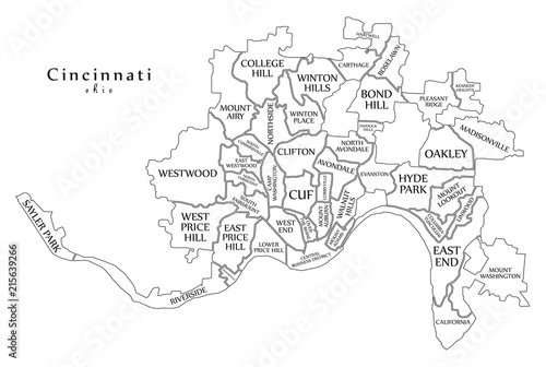 Modern City Map - Cincinnati Ohio city of the USA with neighborhoods and titles outline map