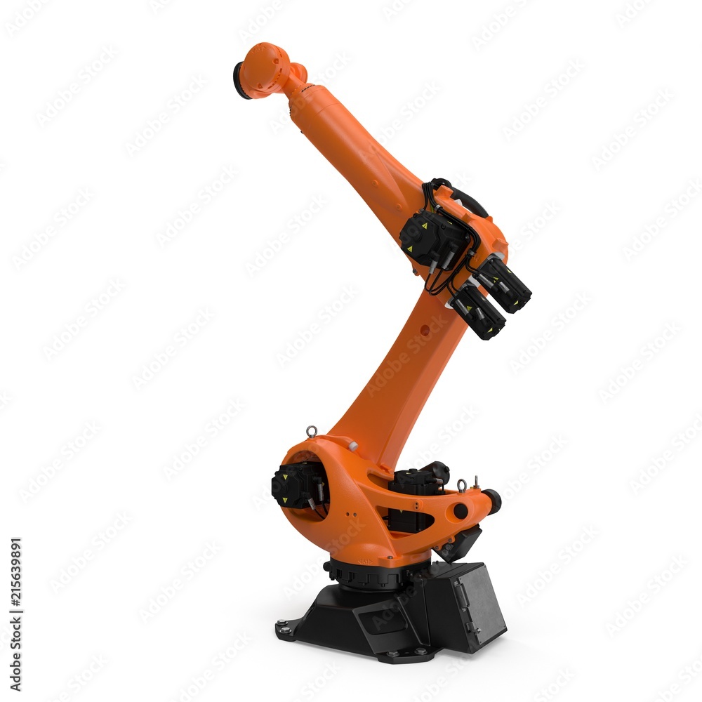 Orange robot arm for industry isolated on white. Side view. 3D Illustration